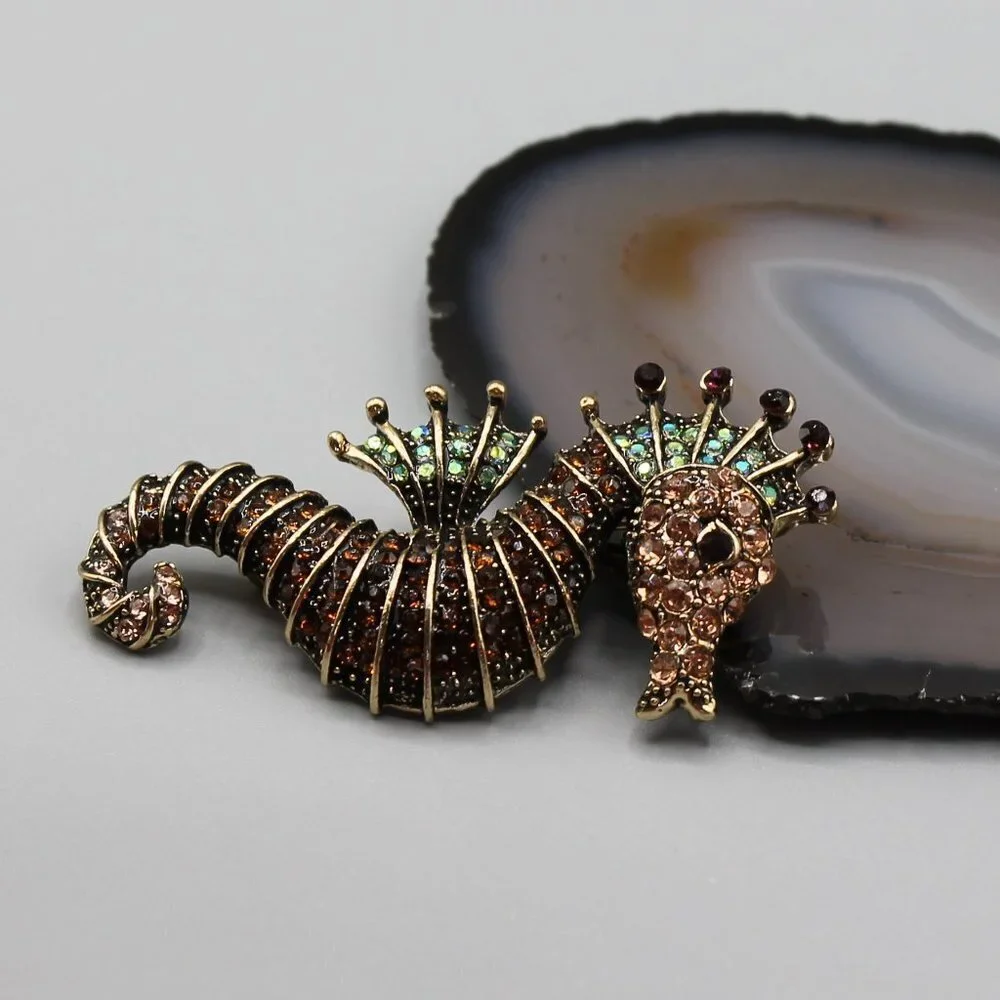 Jewelry pin brooch seahorse water animal crystals gold tone brown green new